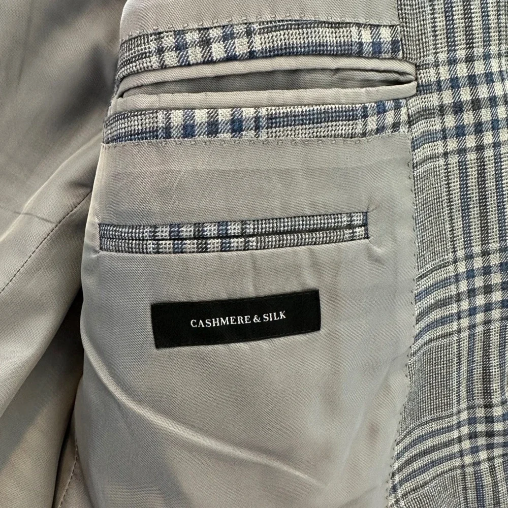 Ermenegildo Zegna Cashmere Silk Sport Coat Grey Blue Plaid Blazer Italy 44R US